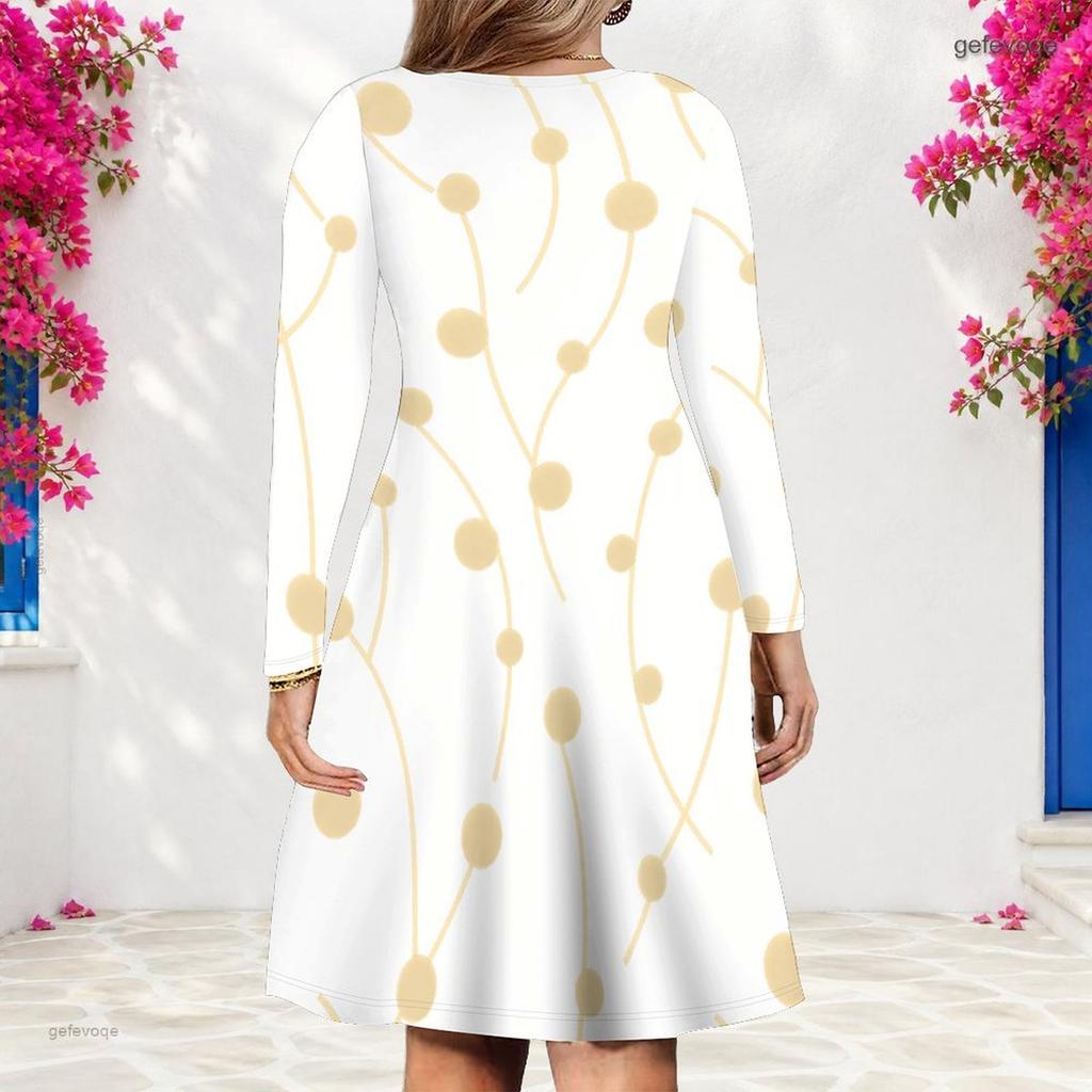 Women Plus Size V Neck Long Sleeve Printed Black Green Gold A Line Dress