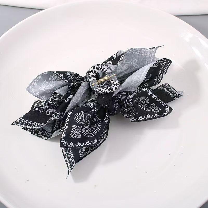 Multi Colored Cashew Flower Silk Scarf Shark Clip And Bow Design Vintage Light Luxury Style Hair Clip A Back Of Head Grip Clip
