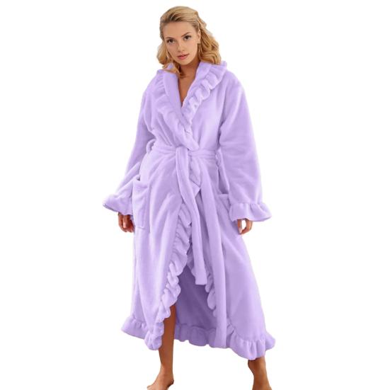 Dames Pluizige Ruche Badjas Zachte Fleece Sjaalkraag Kimono Badjas Winter Pluche Warm Huispak met Zakken