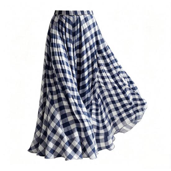 Women Maxi Skirt, Elastic Waist Plaid Print Long Skirt, Flowy Hem Lightweight Summer Skirt for Beach Travel Vacation Party