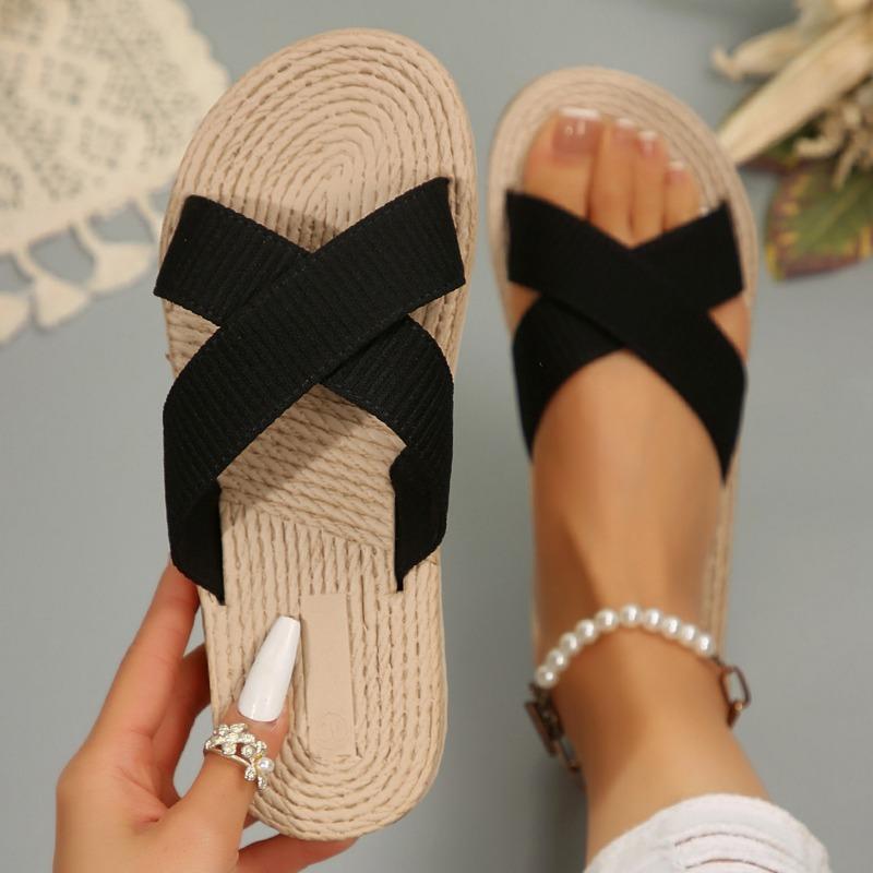 New Woven Imitation Hemp Rope Cross Slippers Summer Women's Versatile Flat-bottomed Beach Cool Slippers
