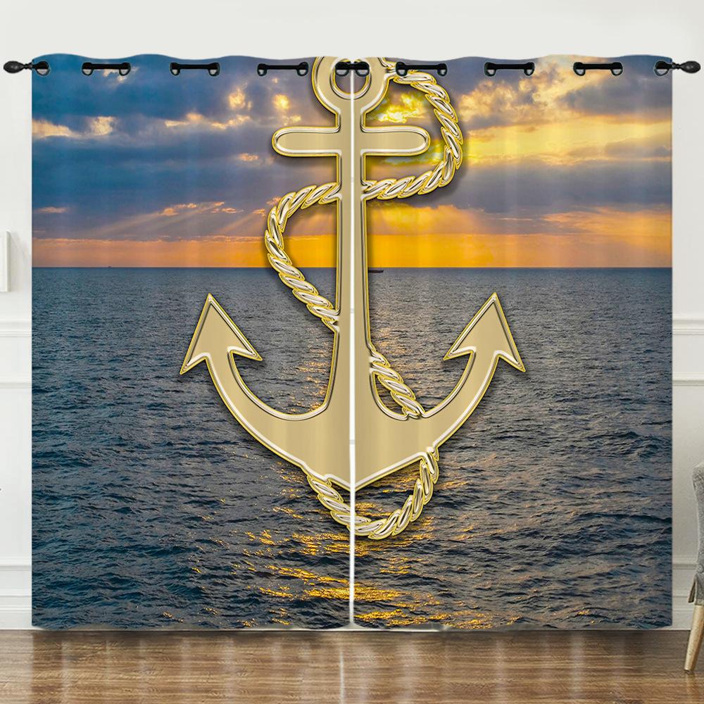 Curtains Nautical Anchor 3D Digital Printing Blinds Blackout Punching Can Be