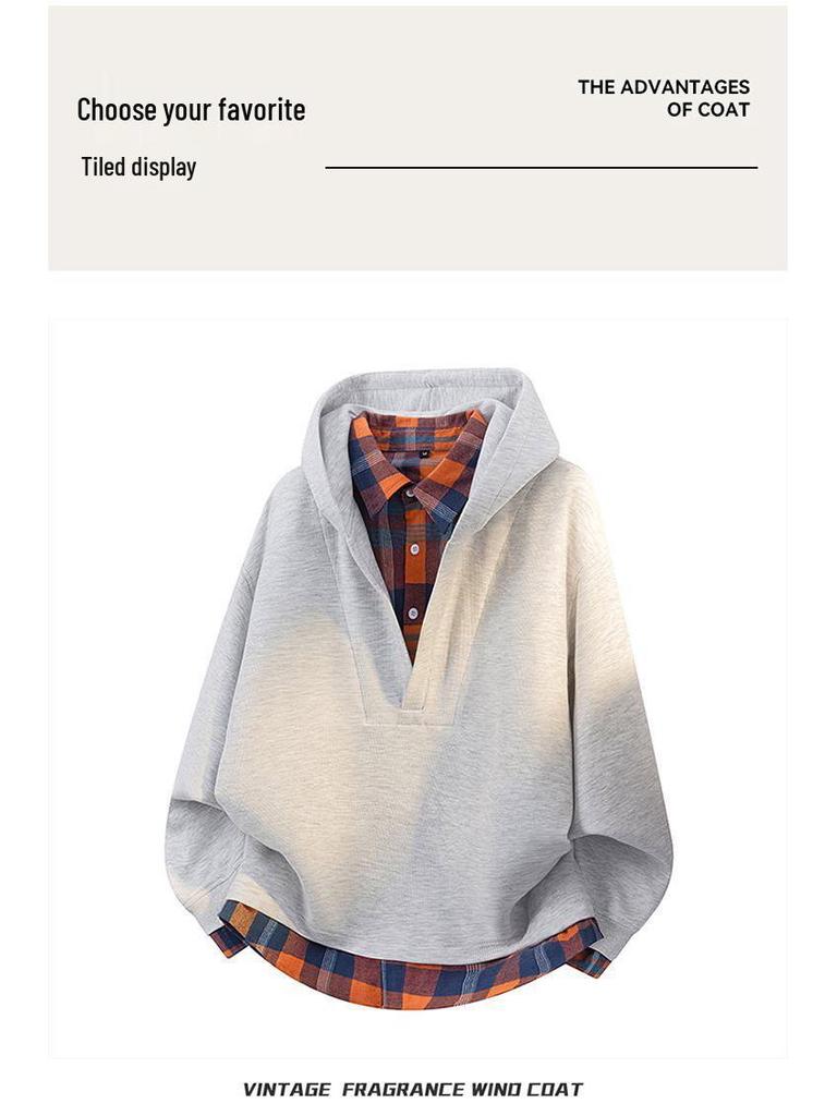 Unisex Plaid Patchwork V-Neck Hooded Sweatshirt