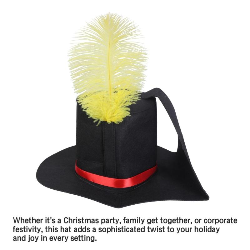 Elegant Black Festive Party Hat Soft  with Yellow Feather for Holiday Caroler Unisex Black Christmas Hat