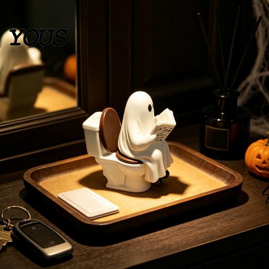 Gruselige Kamindekoration Niedliche Halloween-Geisterfigur, Lesender auf der Toilette Harzstatue, Lustiges Badezimmerornament für mehrstöckige Ablage Tischplatte Schreibtisch