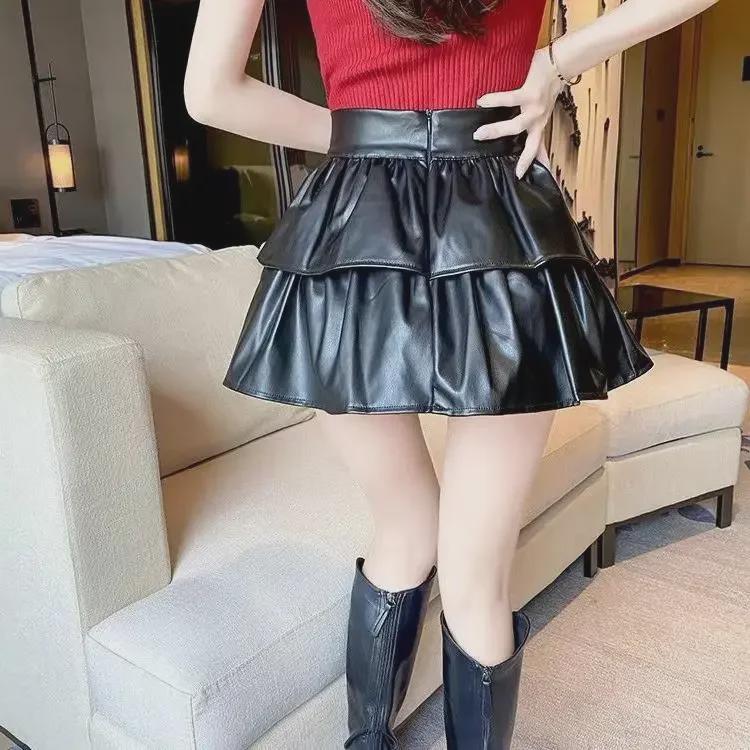 2024 Autumn/Winter Women's High Waist PU Leather A-Line Skirt - Slim, Fluffy, Anti-Exposure, Hot Girl Cake Design