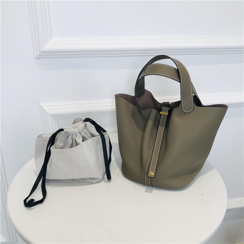 Top Grain Leather Bucket Bag Small Size Vintage Handbag Gold Hardware Daily Use