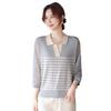 Mother's Spring Knit Lapel Striped Top for Middle-Aged & Elderly Women - Seven-Sleeve Loose T-Shirt.