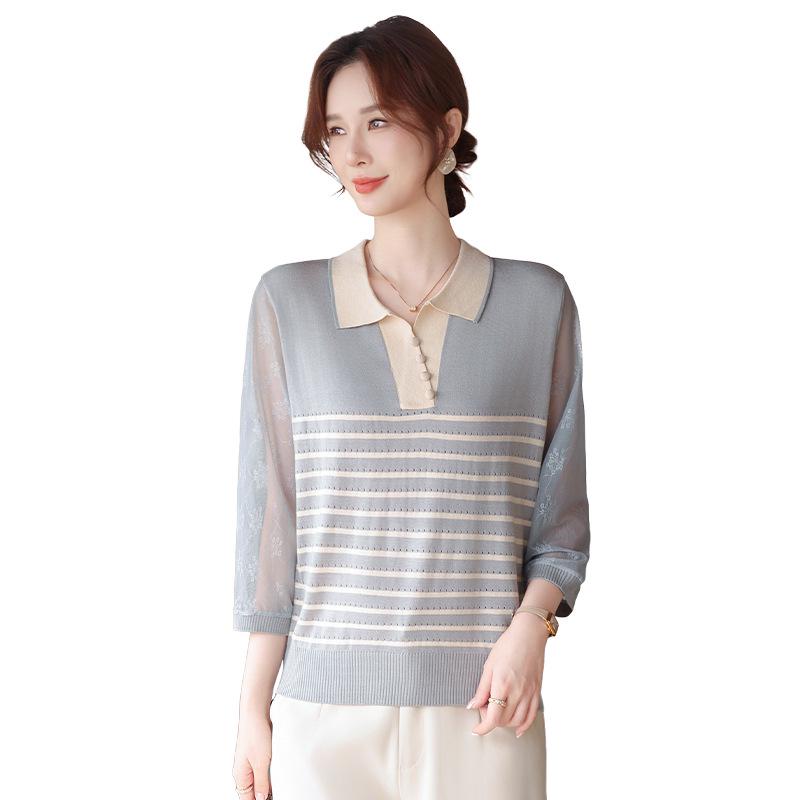 Mother's Spring Knit Lapel Striped Top for Middle-Aged & Elderly Women - Seven-Sleeve Loose T-Shirt.