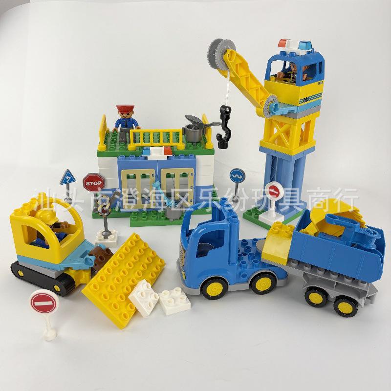 Large Particle Construction Set: Tower Crane, Bulldozer, Dumper, and Transport Vehicle Toys.