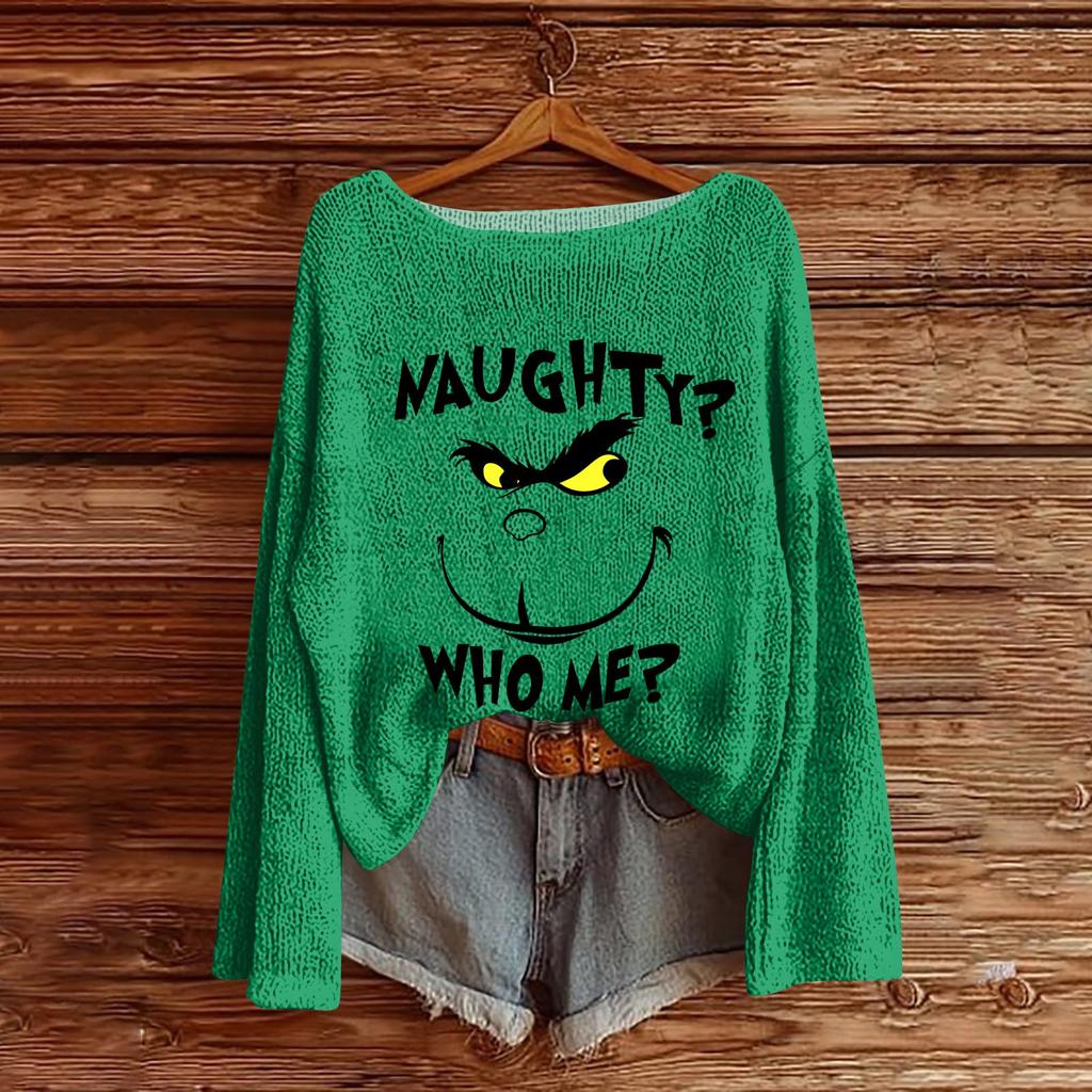 Women's Round Neck Lightweight Sweater Casual Long Sleeve Christmas Print Knit Pullover.