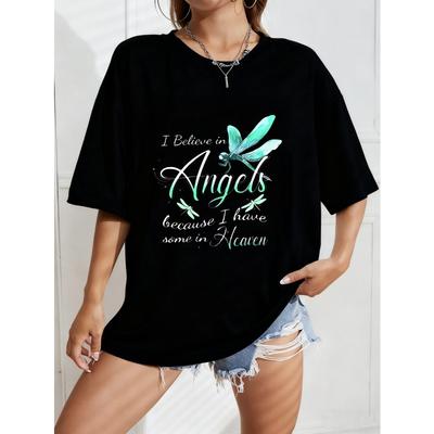 White Oversized T Shirt With Angel And Dragonfly Print For Casual Wear