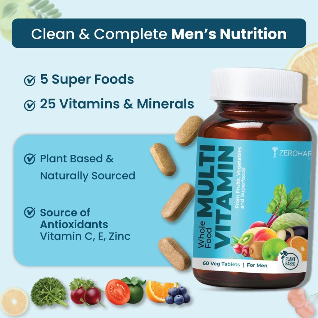 ZEROHARM Multivitamin Tablets for Men | Whole Food Multivitamin with Essential Vitamins A, B, C, D, E & Iron, Zinc, Magnesium | Daily Supplements
