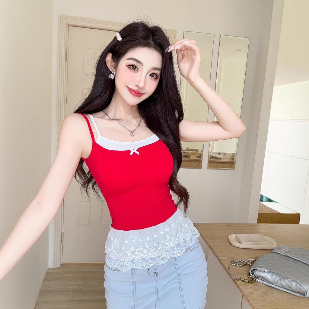#Summer new lace splicing fake two-piece sling vest, thin fixed chest pad, slim versatile top