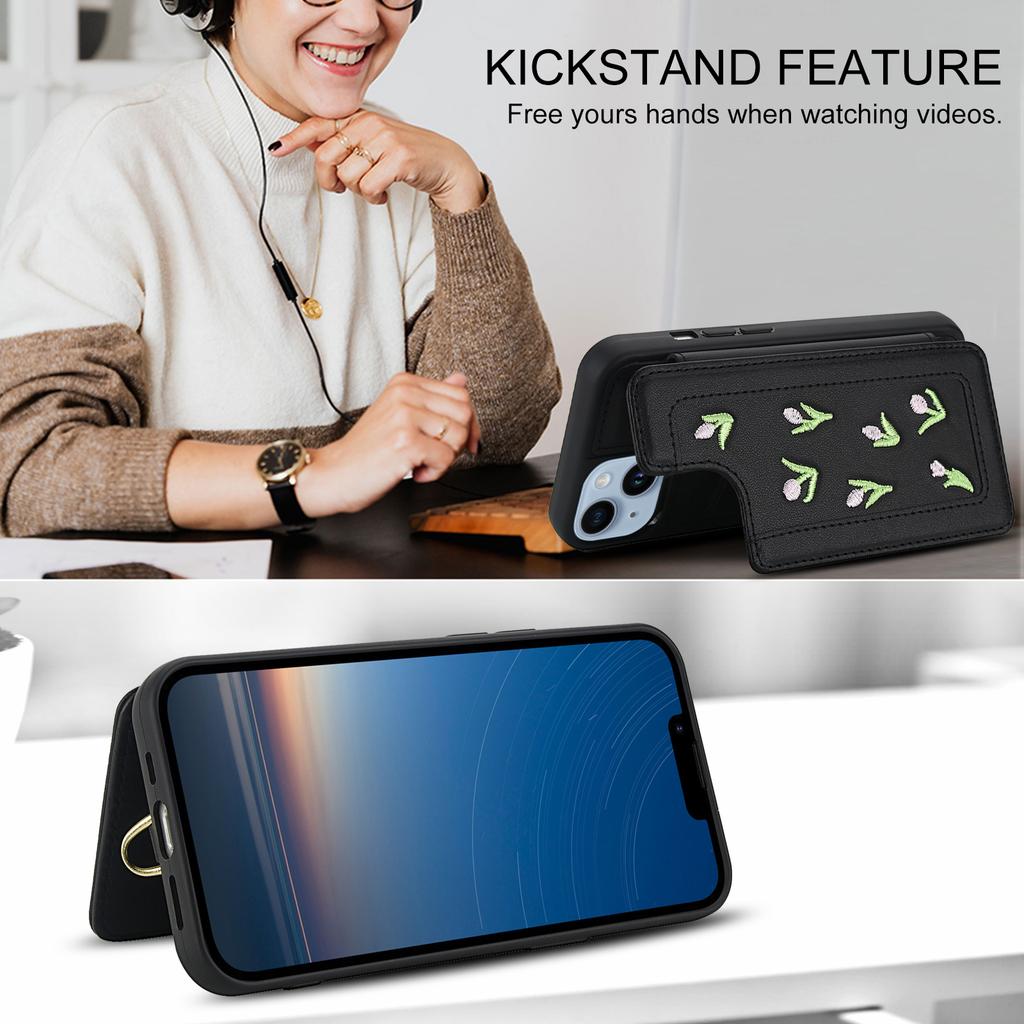 For iPhone 14/13 Case Embroidered Tulips PU Leather Card Holder Back Cover with Shoulder Strap/Wrist Strap