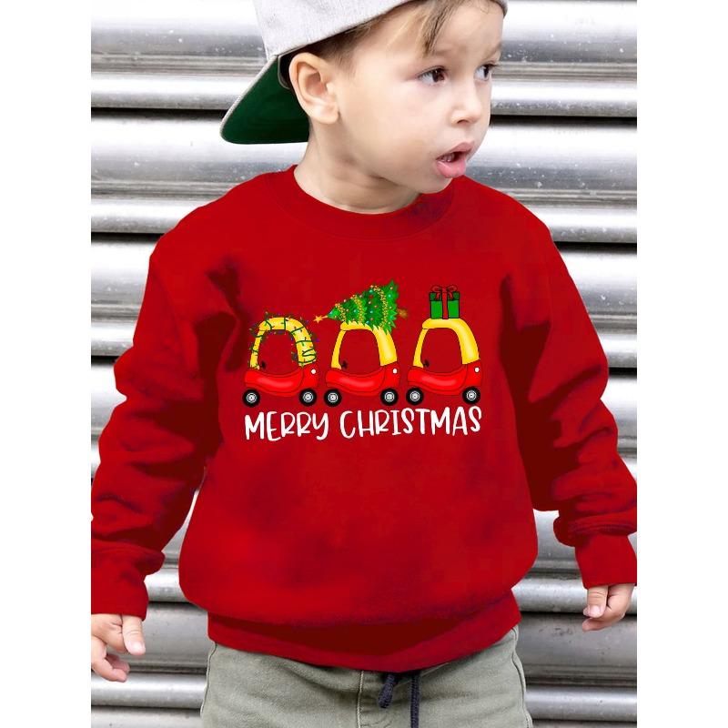 European sizes Kids' Stylish Fleece Sweatshirt for Christmas, Featuring a Loose Fit with Cartoon Prints of Christmas Gifts, Trees, And Cars