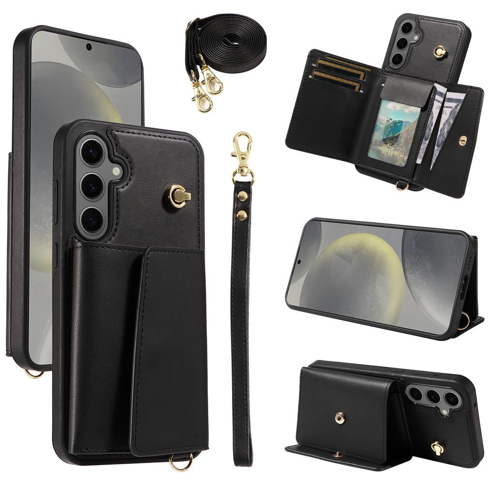 For Samsung Galaxy S24+ Crossbody Phone Case Card Holder Kickstand Leather Coated TPU Mobile Cover