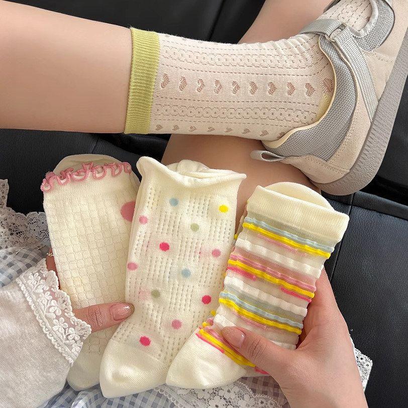 Dopamine Girls' Mid-Calf Summer Lace Socks - Cute, Breathable Japanese Style Mesh for Kids