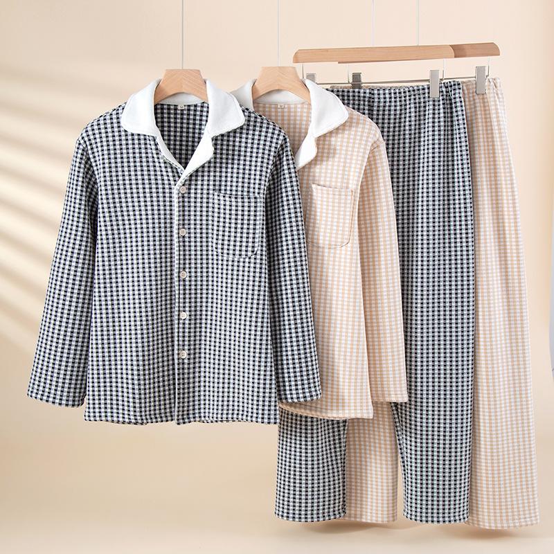 Men's Pajama Set Fall Winter Thick Warm Long Sleeve Tops Pants Pajama Sets Soft Plaid 2 Piece Button Down Lounge Set for Men Lapel Comfort Sleepwear