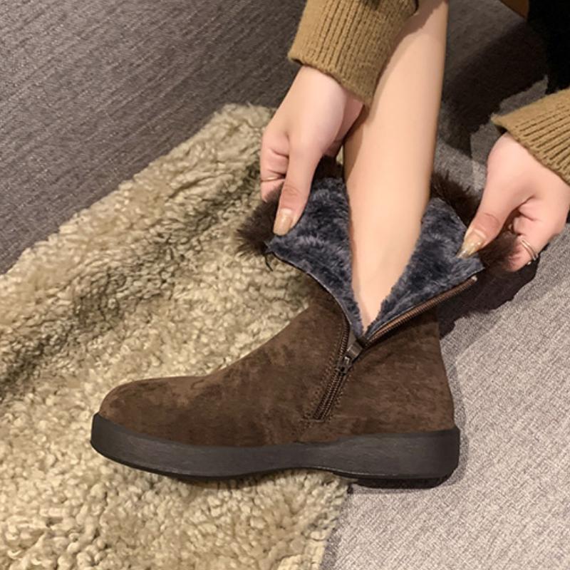 Retro Pelz Schneestiefel für Damen Winter Neu Weiche Sohle Anti-Rutsch Kurze Stiefel Seitenreißverschluss Gürtelschnalle Bequem Warm Baumwollschuhe