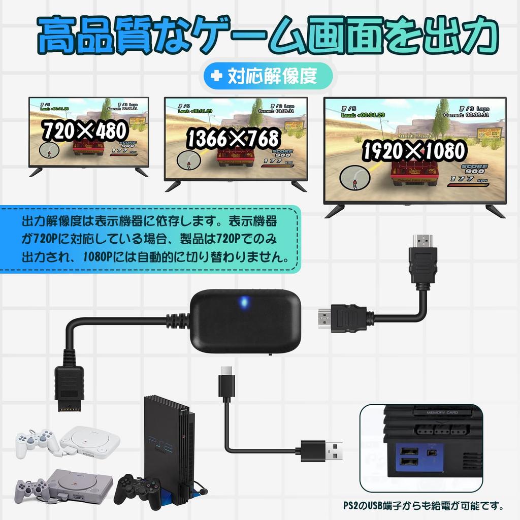 L'QECTED PS1/PS2 HDMI Converter, 1080P (16:9) / 720P (4:3) Switchable Output (1.5M HDMI Connection Cable Included), PlayStation 2 HDMI Converter Adapt