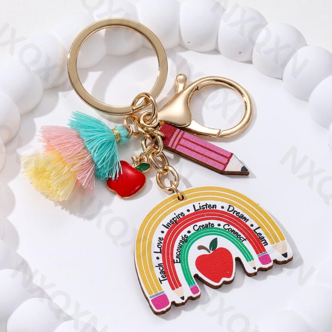 Cute Blackborad Pencil Heart Wooden Keychain Rainbow Apple Pendants Key Ring For Teachers Gift On Teacher s Day Handmade Jewelry