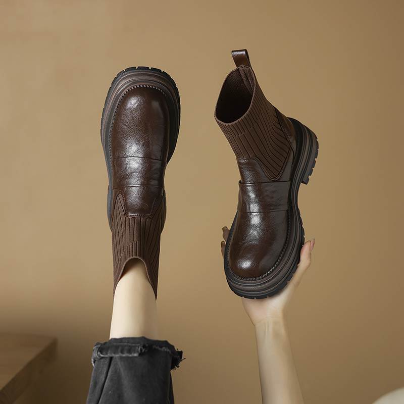 Krazing Pot Microfiber Autumn Winter Shoes Thick High Heels Flat Platform Size 43 Motorcycle Boots Knitwear Ankle Boots