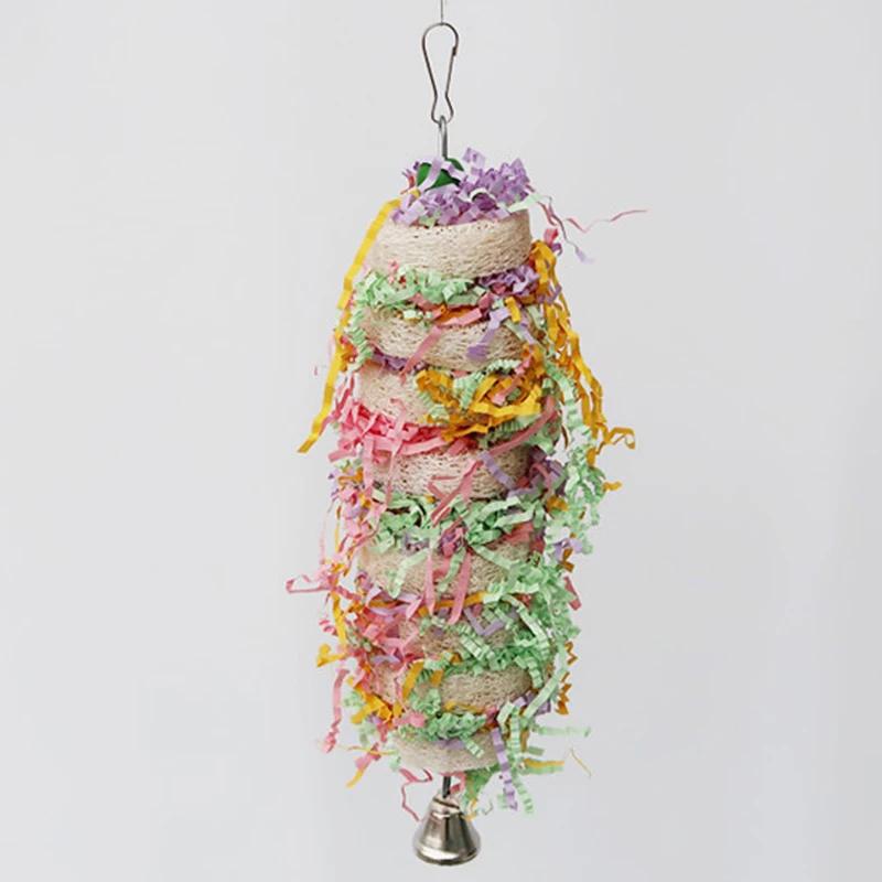 2Pcs Natural Loofah Hanging Parrot Chew Toy with Bell for Bird Cage