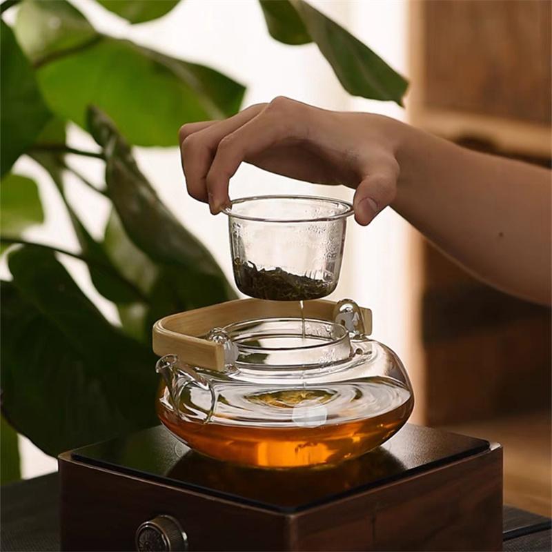 Japanese Style High Borosilicate Glass Teapot Bamboo Handle Teaware Kung Fu Tea Pot Tea Set Household Heat Resistant Tea Maker