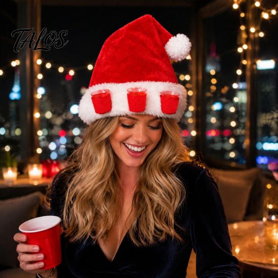 Plush Holiday Hat Christmas with Drink Holder, Adults Velvet Santa Claus Hands Free Holder Cap 3 Cups, Red Xmas for New Year Party Beer Drinking