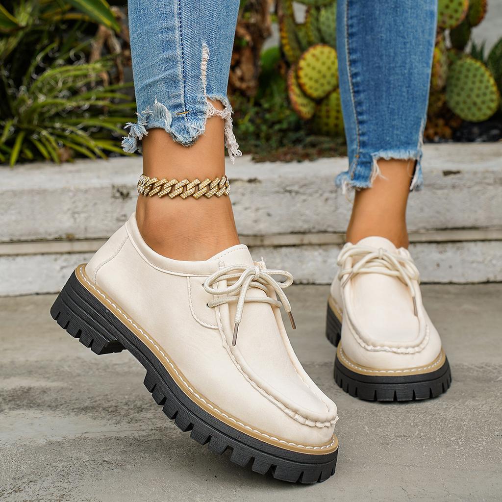 Plus Size Loafers  Fashion New Round Toe Deep Mouth Lace-up Platform Non-Slip Block Heel Single Shoes