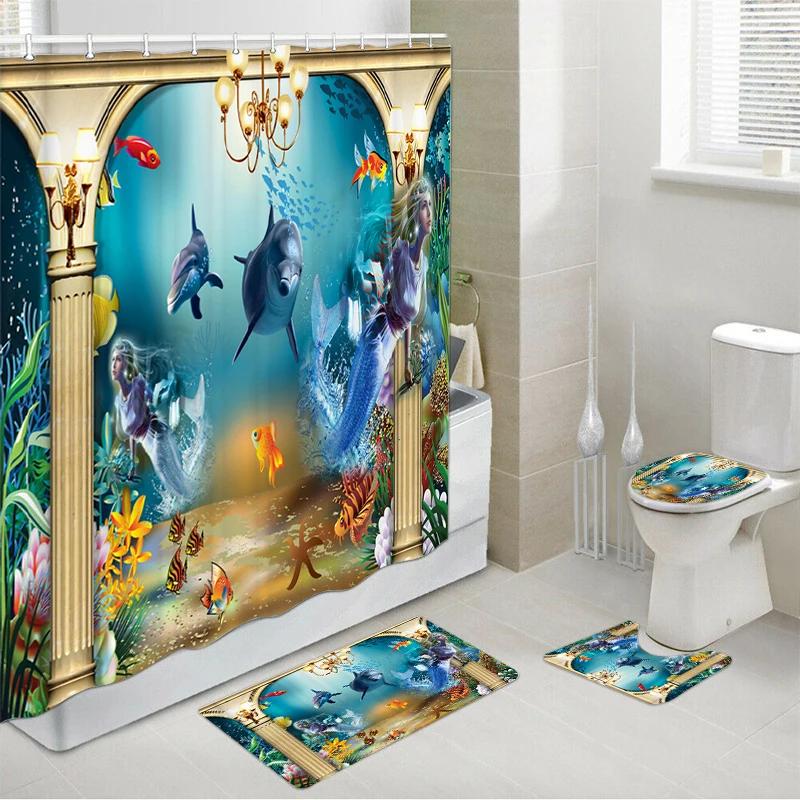 Dolphin Bathroom Decor Waterproof Shower Curtain Set Toilet Seat Cover Non-Slip Bath Mat Rug Carpet Polyester Fabric Washable