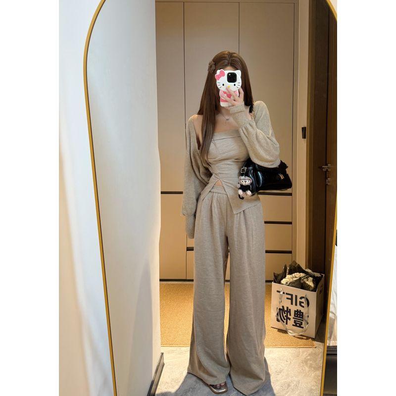 Kumikumi Idle Style Knitting Cardigan Outwear Women's Split Tube Top Vest Autumn Loose Casual Pants Three-Piece Set
