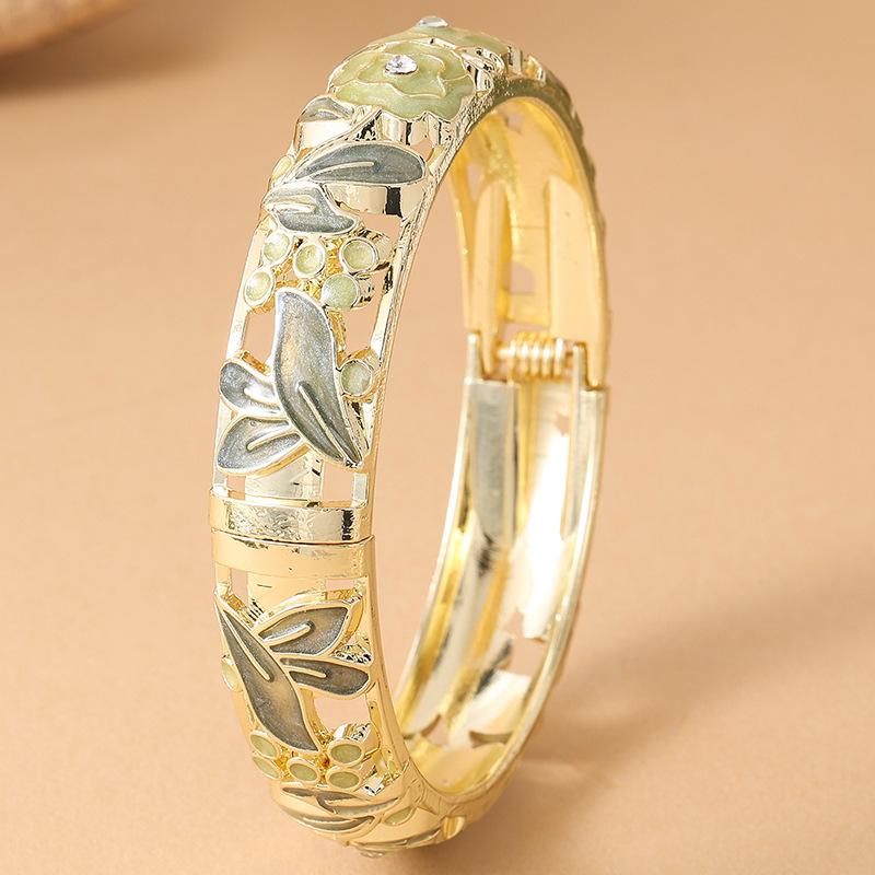 Vintage Colorful Rose Oil Drop Enamel Hollow Wide Cloisonne Bangle Bracelet