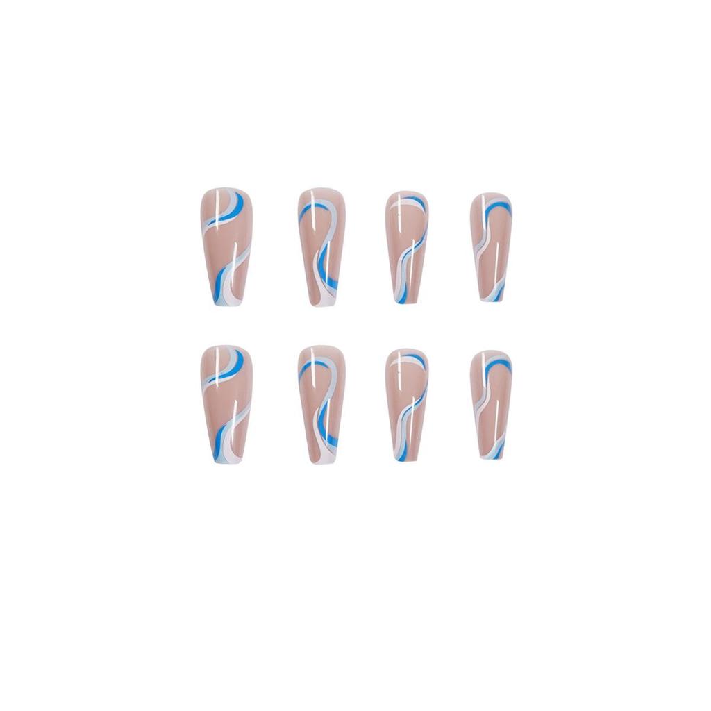 24pcs Blue White Wavy Lines Detachable Long Ballerina False Nails With Design Wearable Fake Nails Full Cover Nail Tips