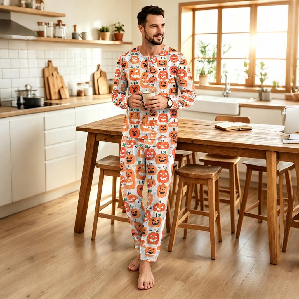 Men's Halloween Print Pajama Set Casual Loose Fit Sleepwear for Holiday Parties