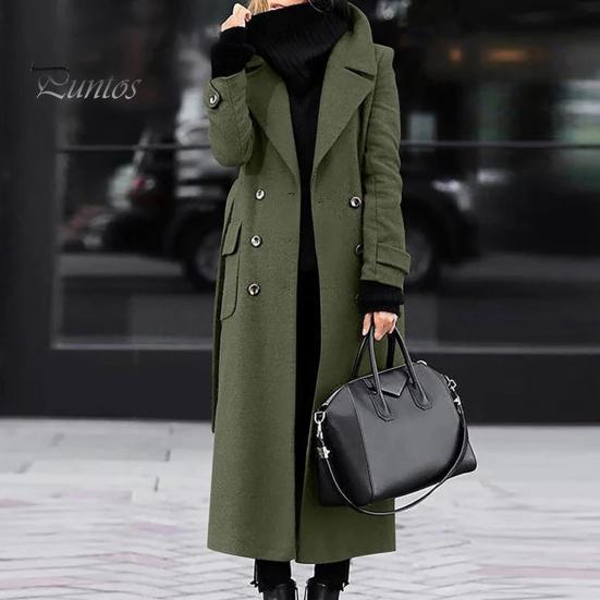 Slim Fit Lapel Coat Women Overcoat Double-breasted Turn-down Collar Cardigan Mid-calf Length Long Sleeves Pocket Jacket with Pockets OL Commuting