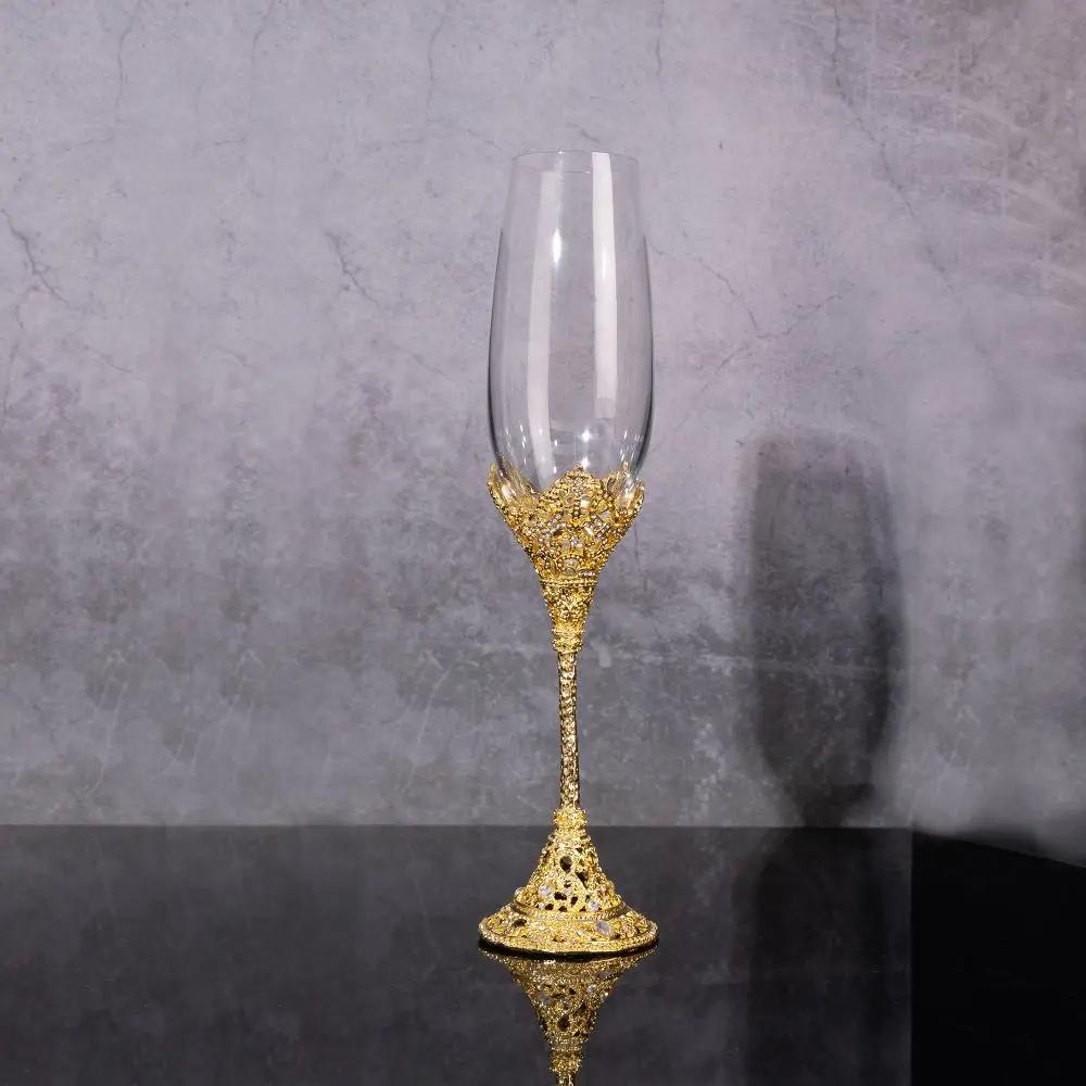 Original Flute-shaped Embossed Crown Champagne Glass, Golden Light Luxury Sparkling Wine Cup Ceremonial Sweet Cocktail Glasses