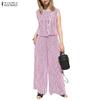 ZANZEA Women Sleeveless Vest Tops and Pants Casual Stripe Print Two Piece Suit Sets