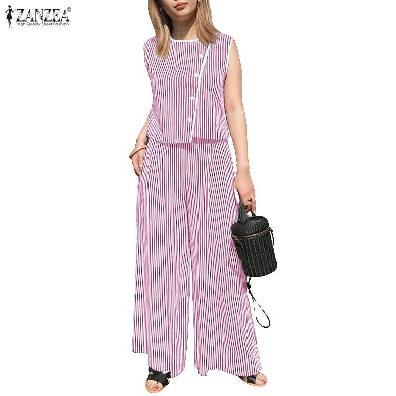 ZANZEA Women Sleeveless Vest Tops and Pants Casual Stripe Print Two Piece Suit Sets