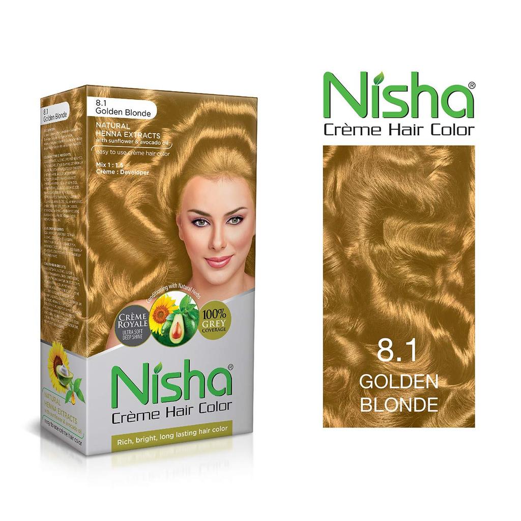 Nisha Vopsea de Păr Crem Blond Auriu 8.1 Acoperire 100% Fire Albe Luciu Profund Ultra Moale Pachet 60g+60ml+18ml