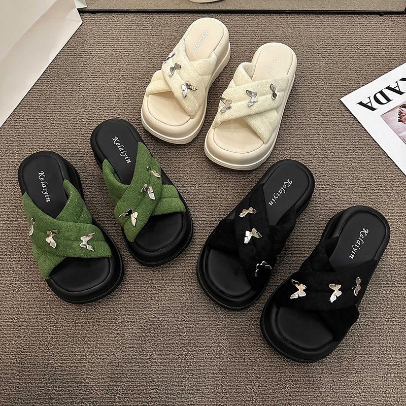 2025 New Summer Thick-soled Heightening Slippers Women Wear Butterfly Metal Buckle Fashion Explosion One-word Sandals Non-slip