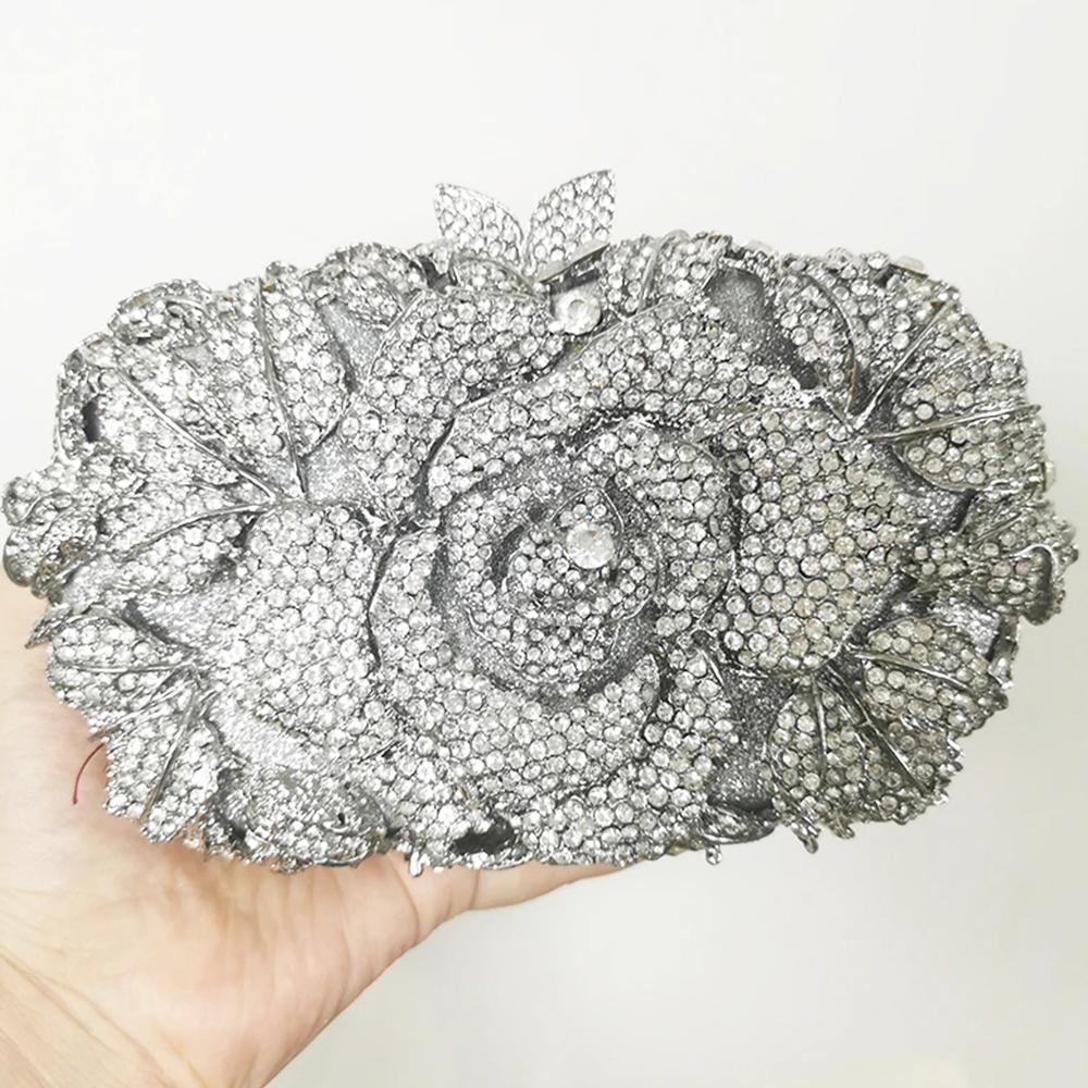 

WHTUOHENG Flower Crystal Evening Clutches For Women Diamond Floral Metal Party Bags Wedding Party Girls Clutch Dinner Handbags 18.5cmX11cmX5cm серебряный