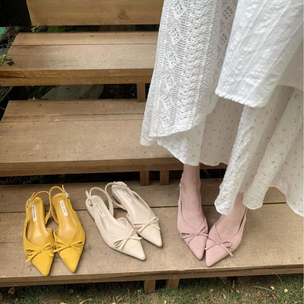 DAPAISHOW 2025 Niche Bag Head Sandals Temperament Elegant Bow Pointed Head Light Mouth Wedge Heel High Heels