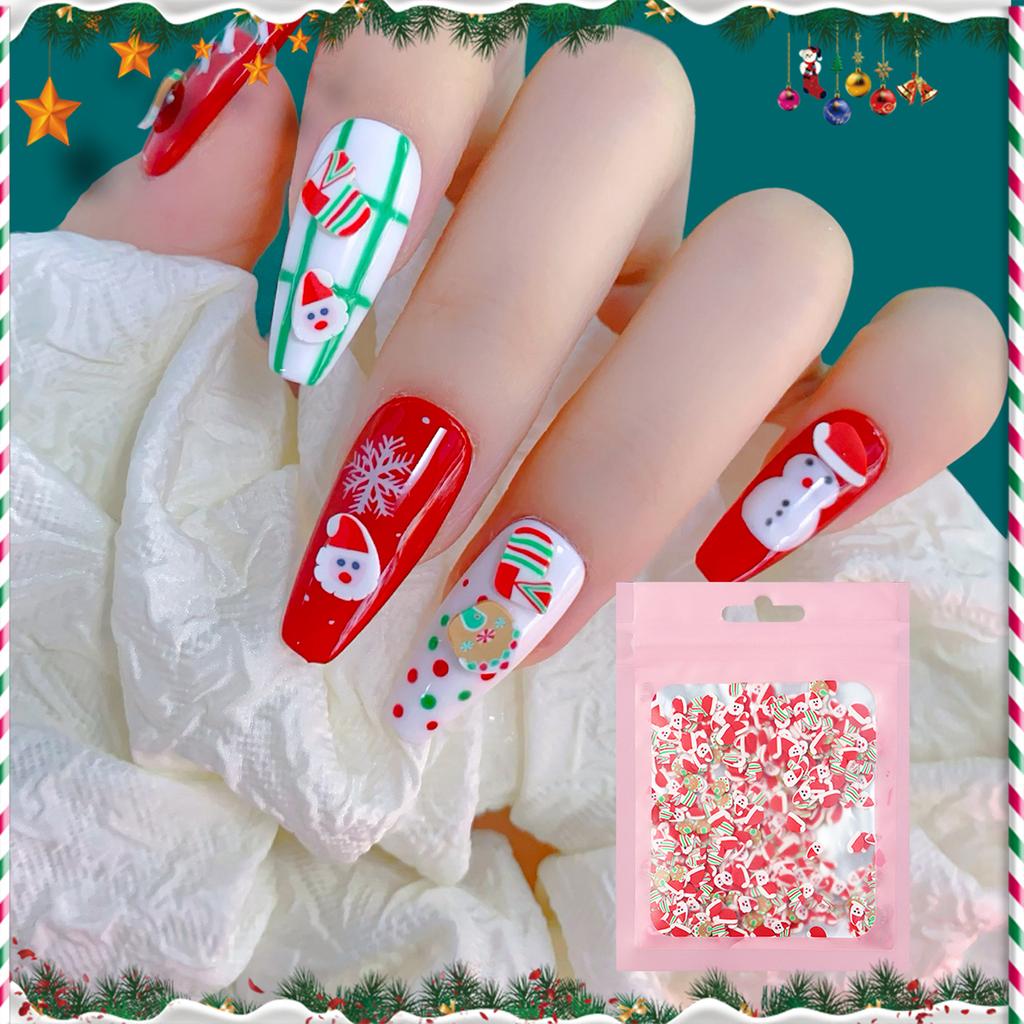 Weihnachts-Nageldesign-Accessoires aus Polymer Clay in einer Box: Schleimflocken, niedlicher Mann, Weihnachtsmann, Elch, Schneeflocken