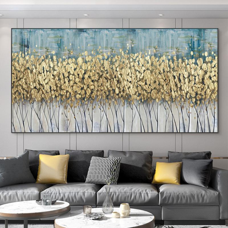 Abstract Leaves Oil Painting Print On Canvas Texture Golden and Silver Trees Wall Art Modern Home Decor Living Room Wall Decor