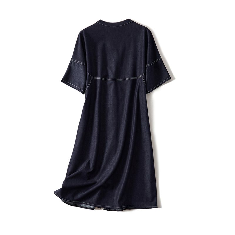 Harajuku Sense Women Summer Washed Cotton Denim Blue Shoulder Needle Roller Open Line V-neck Whole Single-Breasted Dress Slimming Summer