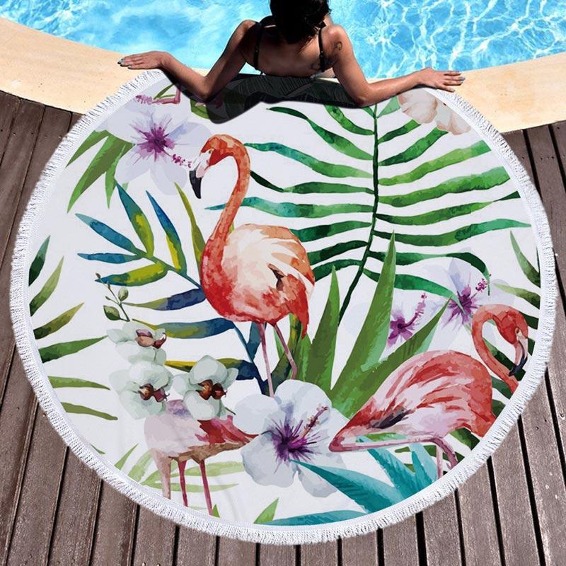Tropical Flamingo Round Beach Towel Microfiber Water-Absorbent Green Plant Sport Towel Bath Swimming Laying Beach Towels 150Cm