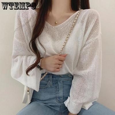 Extra Size Backless Knitted Air Conditioning Smock Loose V-neck Autumn and Summer Thin Style Design Sense Ins Sunscreen Women's Top
