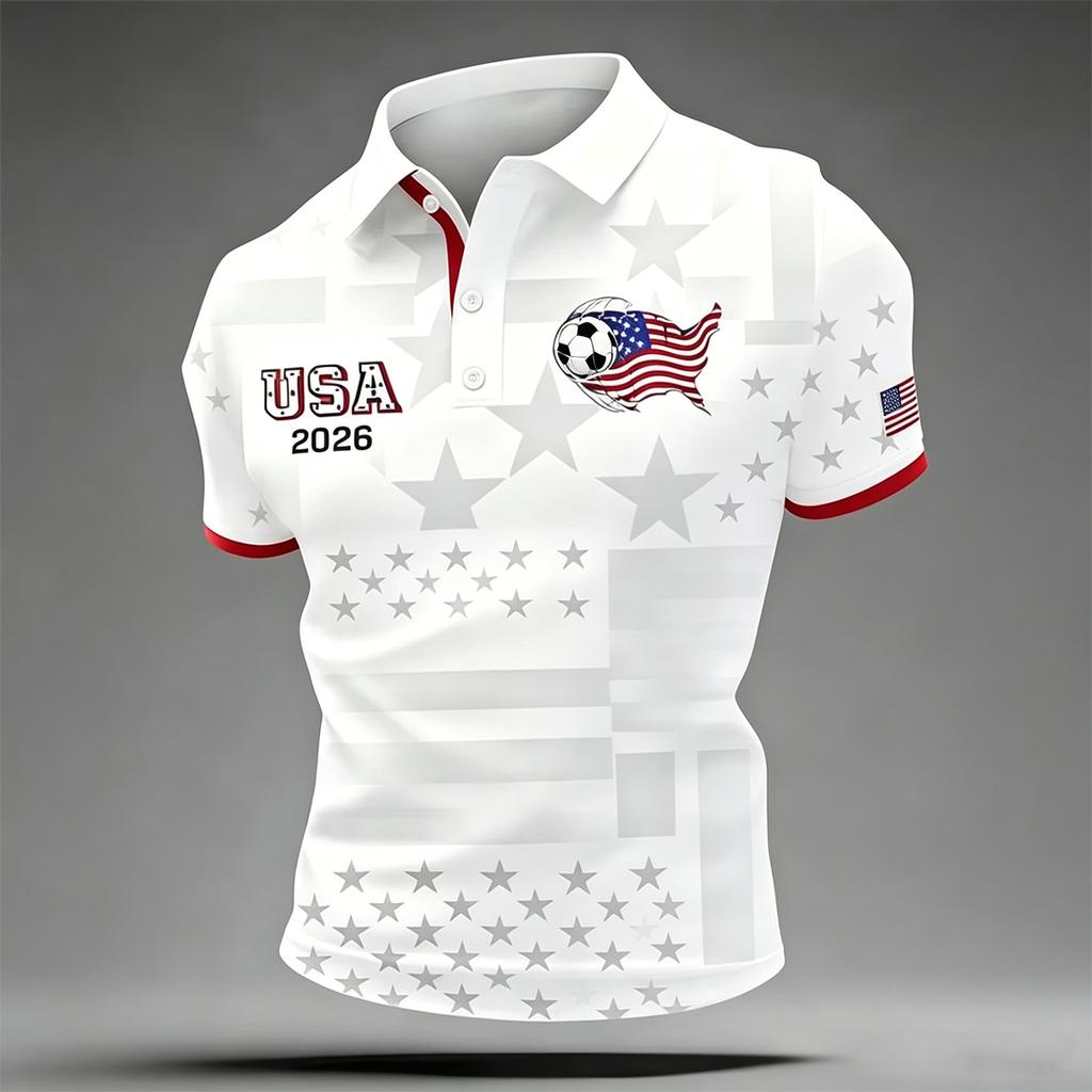Men’s Casual Polo Shirt with Football Inspired Print and 2026 USA Flag Design Short Sleeve Comfortable Fit